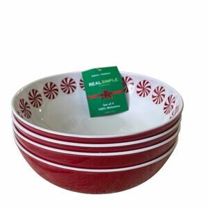 4pc Real Simple Holiday Peppermint Candy Melamine Cereal Bowls 7.5in NEW